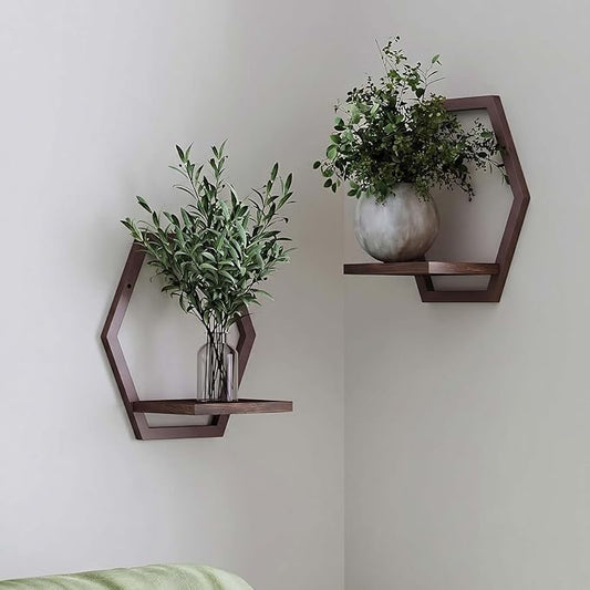2 Pack Walnut Color Solid Wood & Metal Framework Wall Plant Stands,9 inch Natural Wood Shelf of Indoor,Mid Century Modern Hanging Planter for Outdoor Entryway 25 LB Load for Plants Coffee