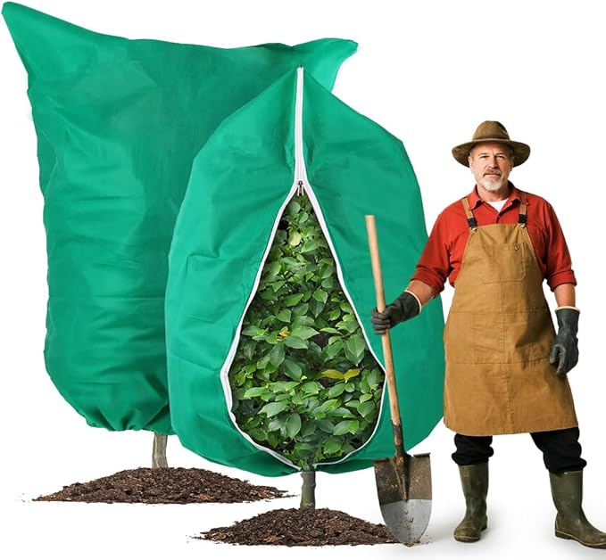 RooTrimmer Plant Covers Freeze Protection 2-Pack, 47.3" x 70.9" Frost Covers with Zipper Drawstring, Outdoor Winter Frost Cold Weather Shrubs Trees Jacket Covers Green