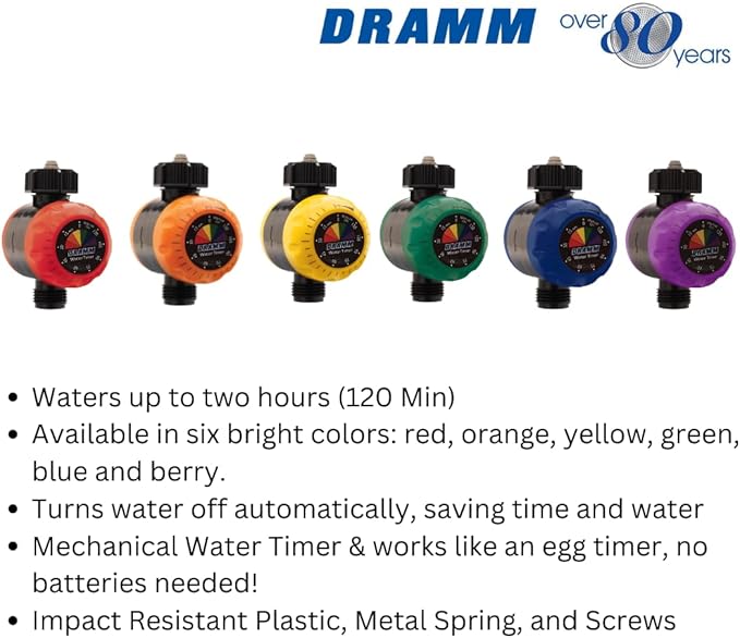 Dramm ColorStorm Premium Water Hose Timer, Mechanical, Turns Water Off Automatically, Up to 120 Minutes of Run Time, Compact for Lawn, Drip, Soaker Hose and Garden, Berry
