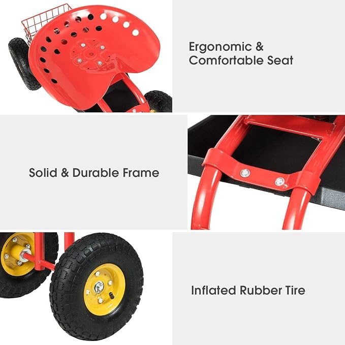 S AFSTAR Rolling Garden Seat, Outdoor Lawn Yard Patio Work Seat with Heavy Duty Wheels, Swivel Seat, Tool Tray & Basket, Garden Cart Wagon Scooter (Red)