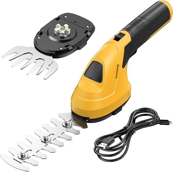 FULLYEA Cordless Grass Shear Hedge Trimmer, 2 in 1 Lightweight Electric Grass Trimmers, 2.0Ah Battery, Type-C Cable Included, Handheld Shrub Trimmer Grass Cutter for Garden(Yellow)