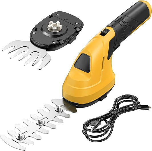 FULLYEA Cordless Grass Shear Hedge Trimmer, 2 in 1 Lightweight Electric Grass Trimmers, 2.0Ah Battery, Type-C Cable Included, Handheld Shrub Trimmer Grass Cutter for Garden(Yellow)