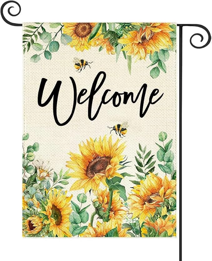 Baccessor Sunflower Garden Flag Spring SummerBee Eucalyptus Leaves Welcome Flag 12.5 x 18 Inch Double Sided Burlap Yard Small Flag for Outside Decor