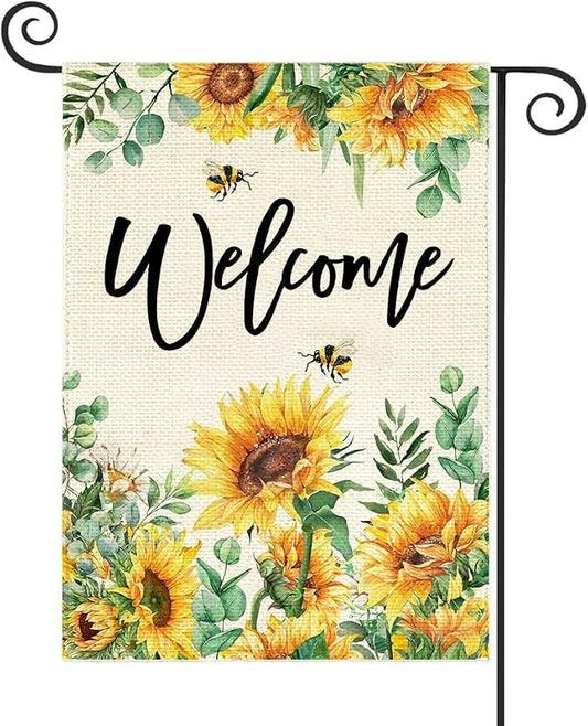 Baccessor Sunflower Garden Flag Spring SummerBee Eucalyptus Leaves Welcome Flag 12.5 x 18 Inch Double Sided Burlap Yard Small Flag for Outside Decor