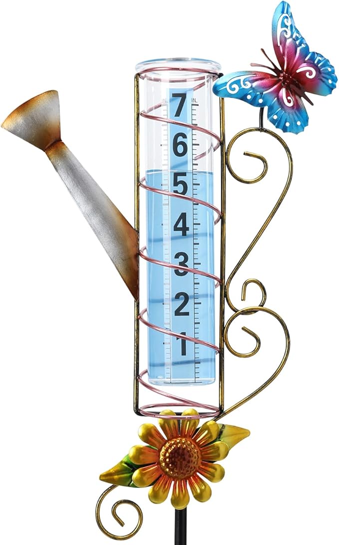 WONDER GARDEN Rain Gauge Outdoor, Decorative Kettle-Shape Rain Gauges Outdoors Best Rated, Freeze Proof Glass Water Rain Measure Gauge with Butterfly for Yard Patio Lawn Decor