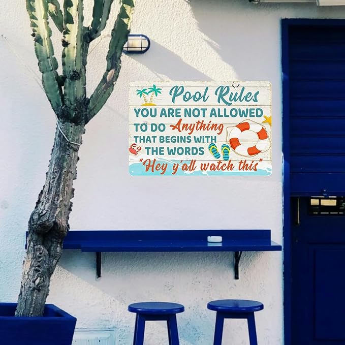 RESKEA Funny Pool Signs Pool Decorations Outdoor Pool Rules Sign Pool Deck Decor Pool Metal Signs Pool Patio Accessories For Beach, Home, Bar, Pool Deck, And Backyard Wall Decoration 8 X 12 Inches