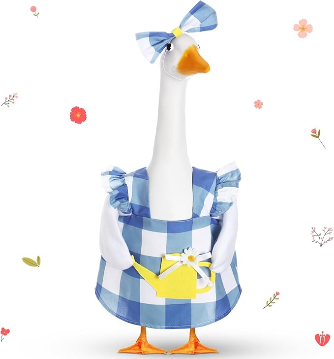FuWeave Summer Spring Goose Outfit Flower Porch Goose Clothes for 23" Large Statue Outdoor Patio Yard Lawn Art Decoration(Plaid)