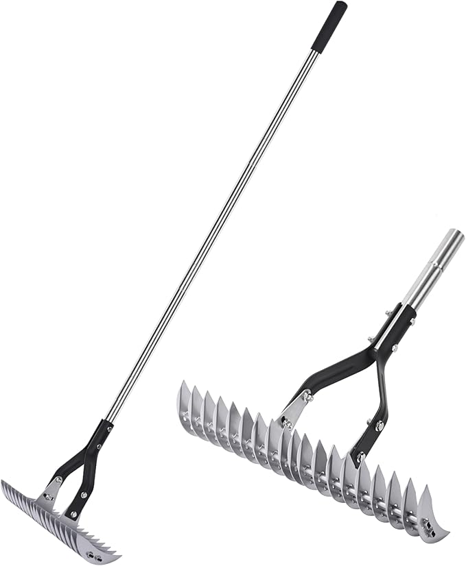 YEELOR Thatch Rake with 58.5-inch Adjustable Handle, 15-inch Efficient Steel Metal Rake Head, Suitable for Garden, Yard, and Lawn – Removes Thatch and Collects Debris