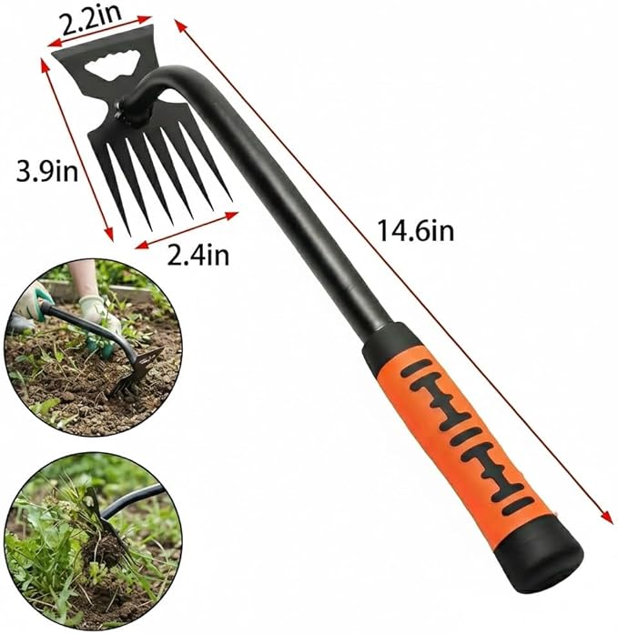 2 Pack Weeding Tools, 6-Tooth Manganese Steel Manual Weeder & Digging Tool with Ergonomic Rubber Grip, Multi-Functional Gardening Hand Tools for Removing Dandelions, Thistles & Yard Weeds