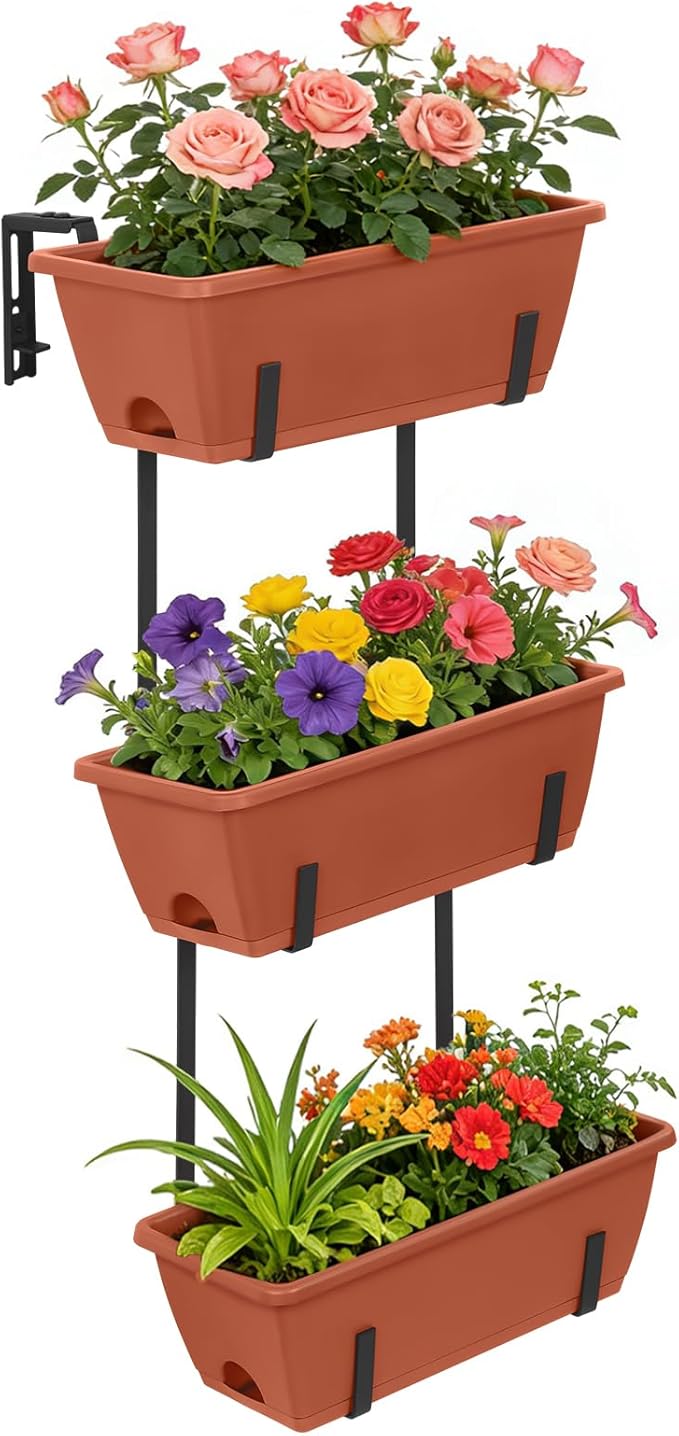 OYEAL Railing Planter Box Window Boxes Planters with Adjustable Brackets Balcony Fence Hanging Flower Planters for Patio, Deck, Porch Railing, Brick Red
