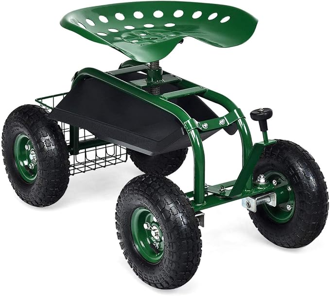 Goplus Garden Seat with Wheels, Rolling Garden Cart with 360 Degree Swivel Seat for Planting, Gardening Stool w/Tool Tray, Basket, Gardening Chair Workseat, Patio Wagon Scooter for Seniors