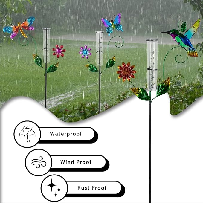 Rain Gauge Outdoor, 3 Pcs Hummingbird & Dragonfly & Butterfly Rain Gauges with 6" Plastic Tube, Metal Decorative Garden Stakes for Yard Patio Lawn Decor