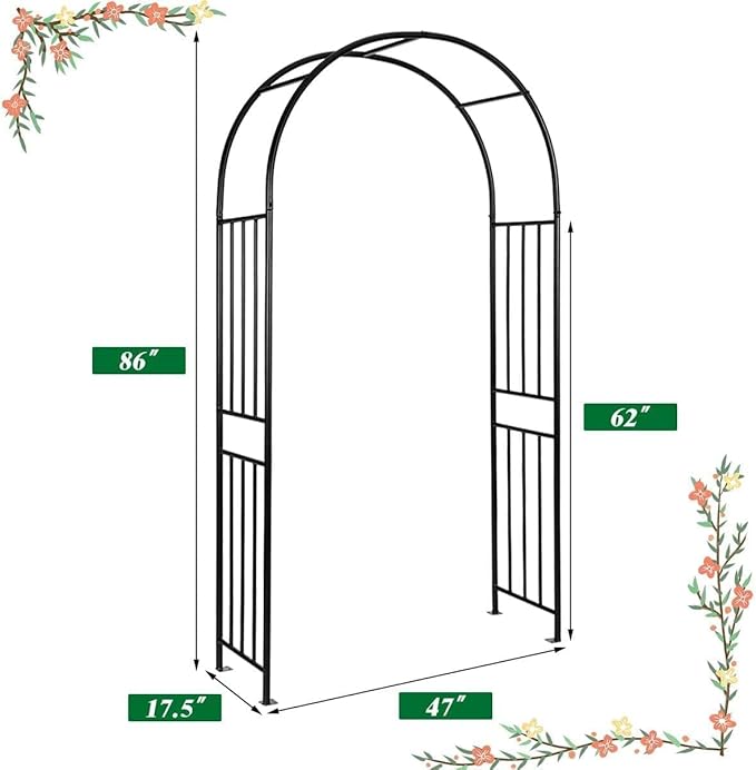 LDAILY Moccha Garden Arch Arbor Trellis, 7.2Ft Outdoor Steel Arbor with Stakes, Metal Archway for Climbing Plants, Wide Sturdy Garden Arch for Lawn, Party, Ceremony Wedding Decoration, Black(2)