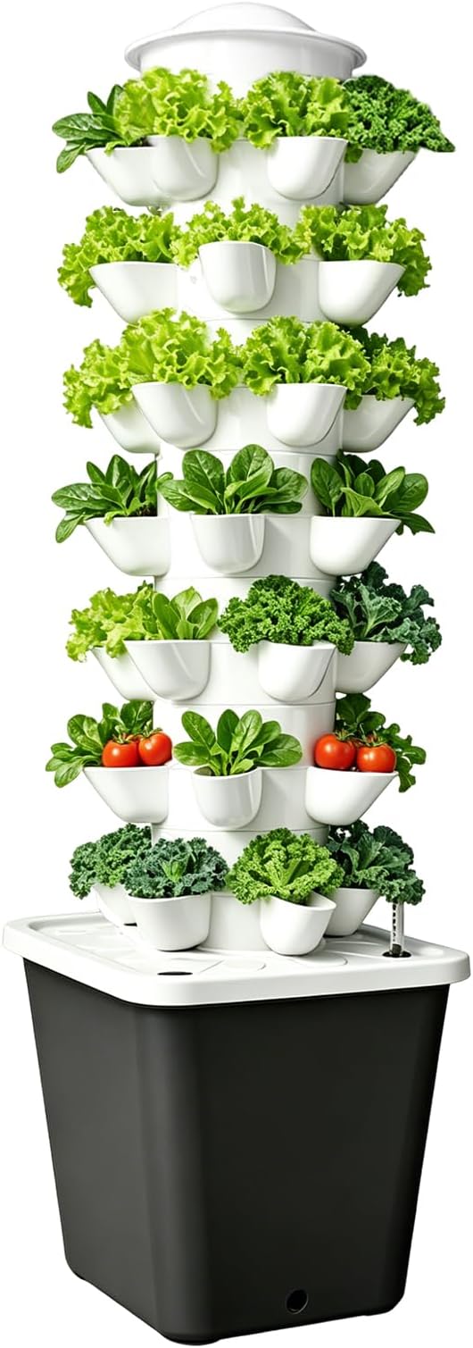Hydroponics Tower Indoor Growing System Vertical Garden Planter Indoor Smart Garden Kit with Pump and Movable Water Tank Vegetable Plant Gift for Gardening Lover (Gray)