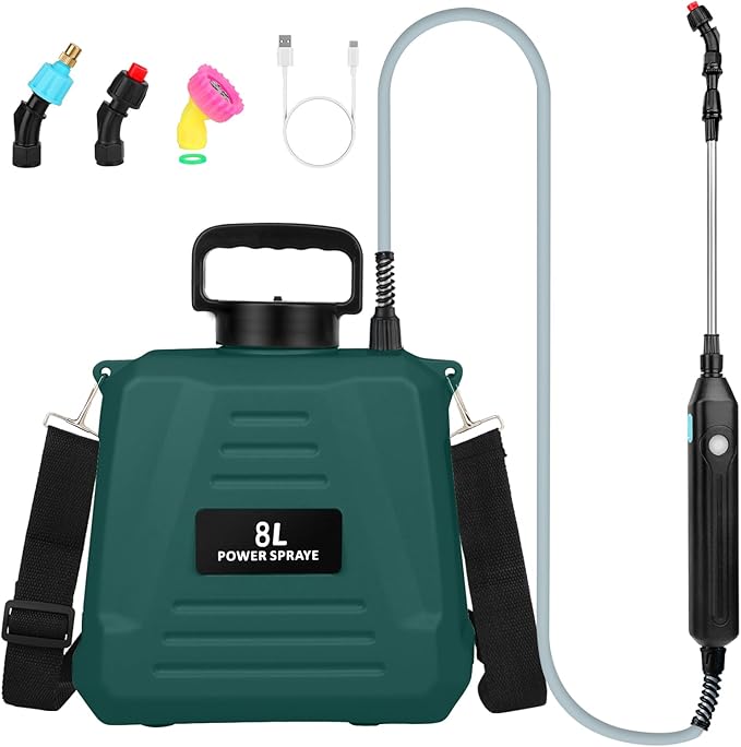 Battery Powered Sprayer 2 Gallon - Upgraded Anti-Bend Hose Electric Garden Sprayer, Rechargeable Pump Sprayer with 3 Mist Nozzles, Retractable Wand, Adjustable Strap for Lawn, Plant Watering (Green)