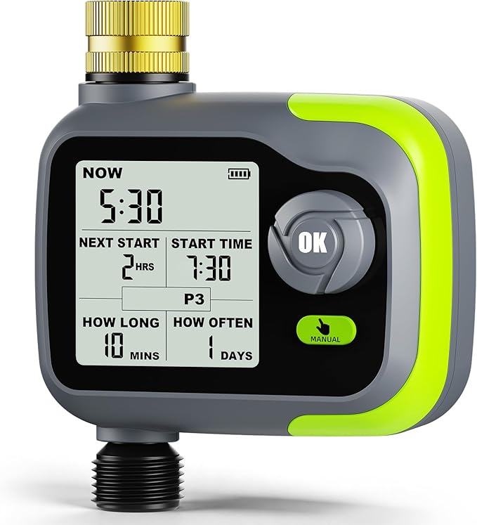 Sprinkler Timer, Watering Timer Brass Inlet for Garden Hose, Programmable Hose Timers w/Rain Delay, Outdoor Soaker Auto& Manual Drip Irrigation Controller System for Lawn Yard Greenhouse