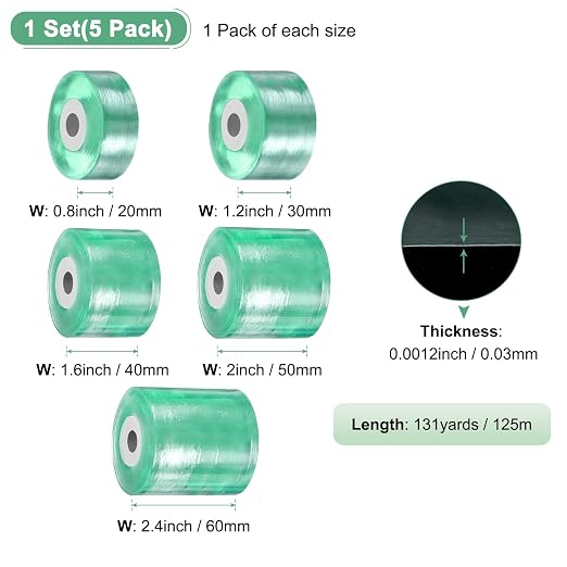 M METERXITY 5-Pack Grafting Tape, 131yards Tree Grafting Tape Per Pack, Plant Repair, Stretchable Floristry Film for Tree/Fruit/Poly Budding [0.8", 1.2", 1.6", 2", 2.4" W]