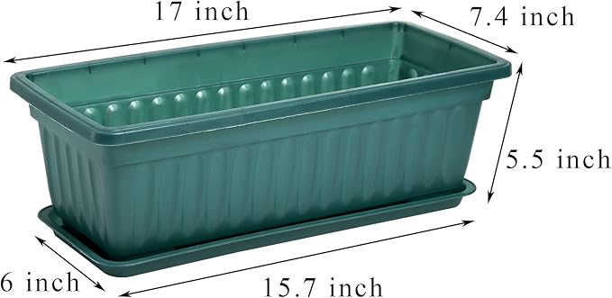 Fasmov 7 Pack 17 Inches Flower Window Box Plastic Vegetable Planters with Trays Vegetables Growing Container Garden Flower Plant Pot with 7 Pcs Plant Labels for Balcony, Patio, Garden, Green