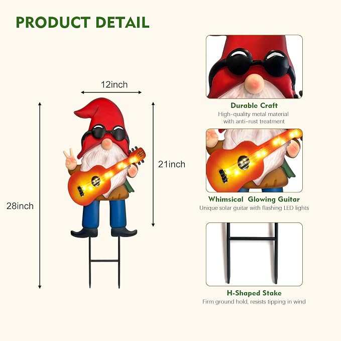 HONGLAND 28" Solar Garden Gnome Decor with Light Up Guitar - Outdoor Decorative Stake for Patio, Yard & Lawn | Unique Rock Music Gnome Decor