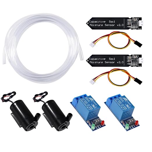 2 Sets Automatic Irrigation DIY Kit Capacitive Soil Moisture Sensor 1 Channel 5V Relay Module and Water Pump + 2M Vinyl Tubing for Garden Plant Flower Herb Potted