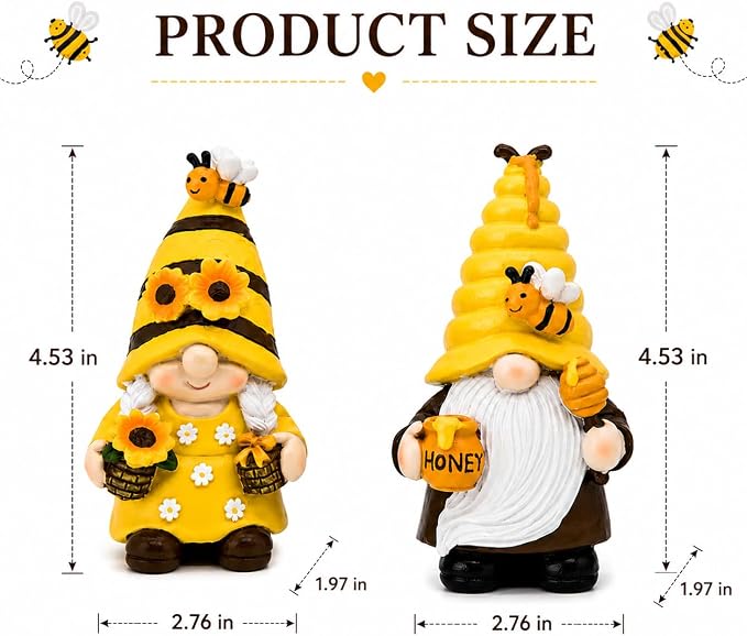 nuvagiki Bee Gnome Decor Set of 2, Honey Bee Gnome Figurines with Sunflower and Honey Pot, Rustic Farmhouse Bee Tiered Tray Decor for Spring Summer Kitchen Shelf Tabletop Decorations