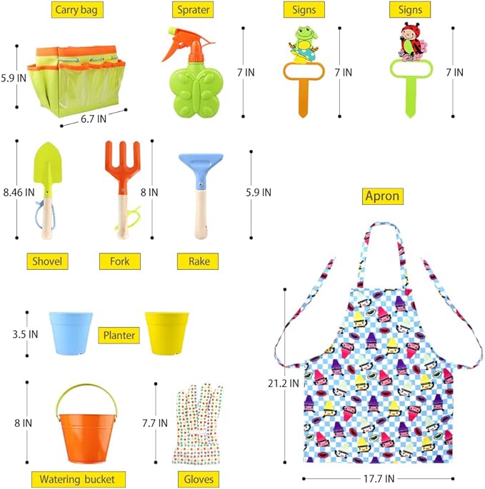 Kids Gardening Tools Kit Children Garden Toy Includes Tote Bag, Spade, Watering Bucket, Spray Bottle, Flower Pot, Apron, Rake, Plant Marker, Fork, Rake and Gloves