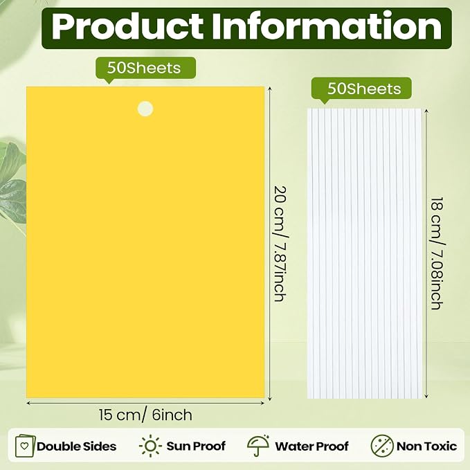 Qualirey 50 Pcs 6x8 Inch Yellow Sticky Traps for Gnats, Dual-Sided Sticky Gnat Traps for Indoor Outdoor Plants, Pest Control for Fungus Gnats, Fruit Flies, Whiteflies with Twist Ties