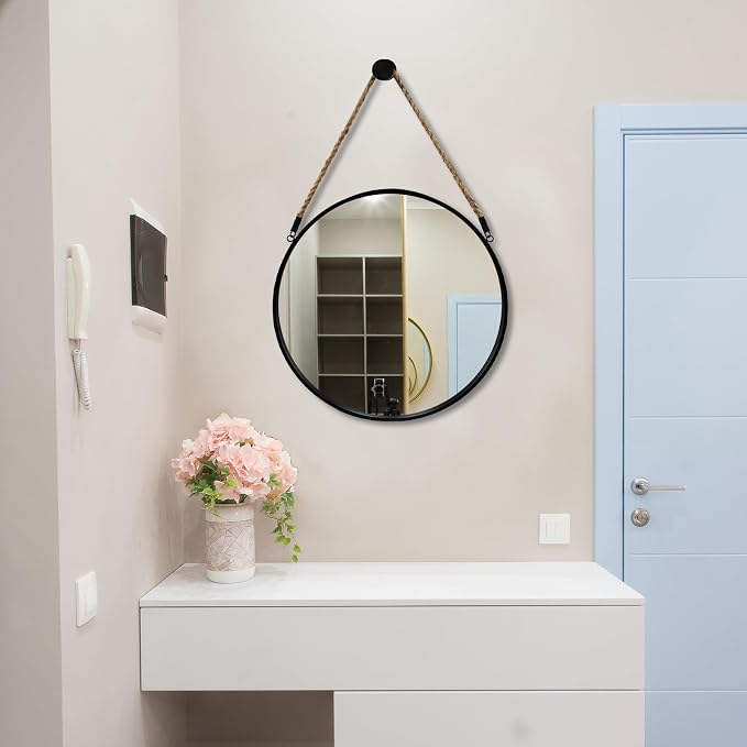 POZINO Round Hanging Mirror with Rope, 20" Farmhouse Decorative Mirror with Black Metal Frame, Circle Wall Mirror for Bathroom, Bedroom, Living Room, Entryway, Fireplace