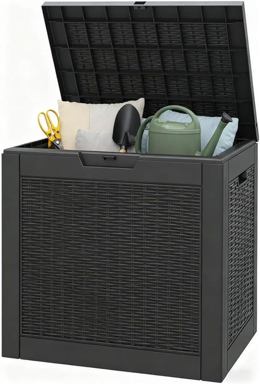 Outdoor Storage Box, 35 Gallon Resin Deck Boxes Outdoor Waterproof For Patio Furniture, Garden Tools, Pool Supplies, Lockable And UV Resistant (Rattan Black)