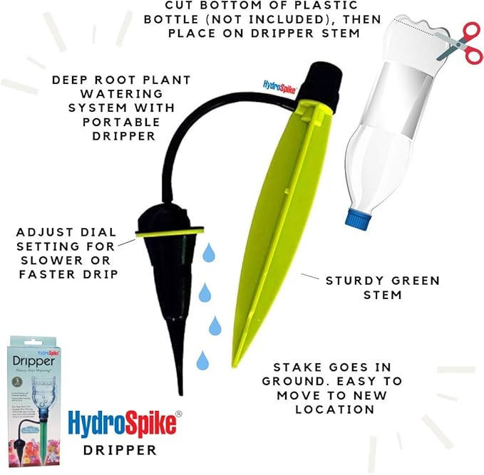 Dripper (3-Pack) Worry-Free Adjustable Drip Flow Watering Kit - Outdoor & Indoor, Irrigation Stakes for Plants Garden Pots & Containers, Uses Bottle, No Hose Devices Waterer System
