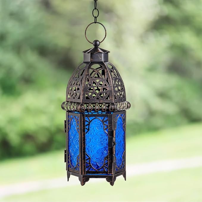 NEEDOMO Hanging Moroccan Lantern, 12.8'' Vintage Candle Holder, Metal Lanterns Decorative Indoor Outdoor, Table, Patio, Porch, Shelf, Gothic Home Decor (Blue, Large Size)