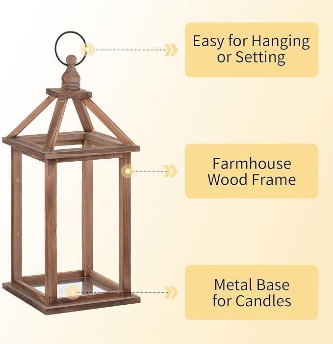 Romadedi Farmhouse Wood Candle Lantern - 12" / 16" Set of 2 Rustic Wooden Lanterns Decorative Candle Holder Home Decor Wedding Table Centerpiece Indoor Outdoor Fireplace Decorations, Brown