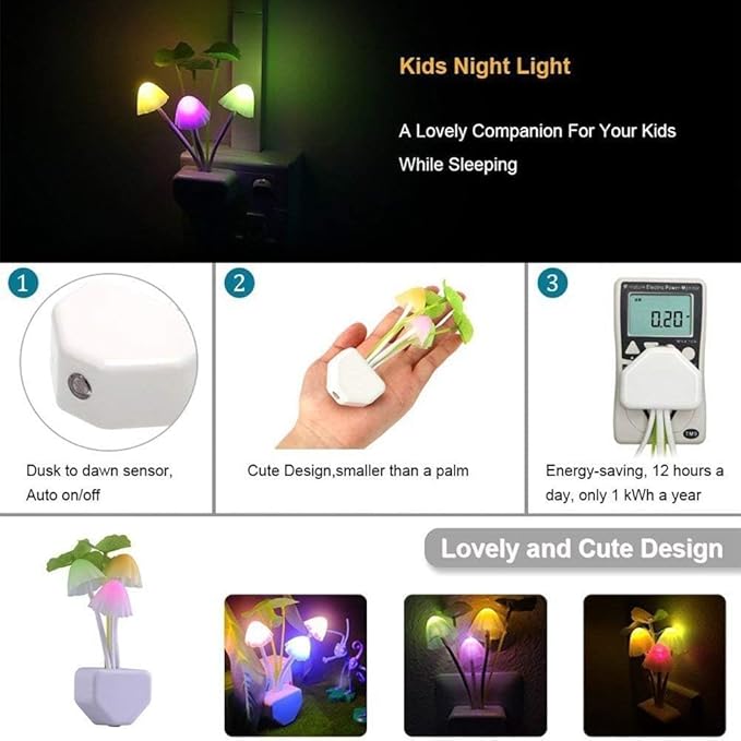 Sensor LED Mushroom Night Lights - Plug into Wall Plant Cute 7 Color Changing Dream Bed Lamp, Energy Saving Nightlight for Kids Adults Bedroom, Bathroom, Toilet, Stairs, Kitchen, Hallway Corridor