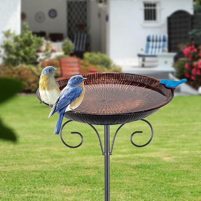 Metal Bird Bath for Outdoor,10" Wide Standing Frees Birdfeeder with Metal Stake,Vintage Bird Baths Feeder Bowl for Outdoors Garden Patio Yard Lawn Decor (Antique Bronze)