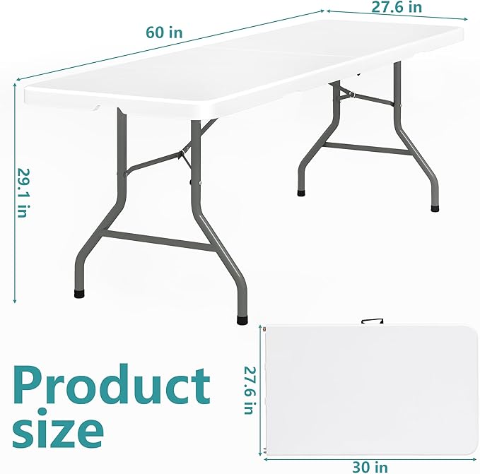 Folding Table with Carrying Handle & Steel Legs | 5FT Heavy Duty Portable Foldable Plastic Table | Perfect Tables for Party, Dining, Wedding, Events, Picnic Indoor, Outdoor, Camping, Utility White