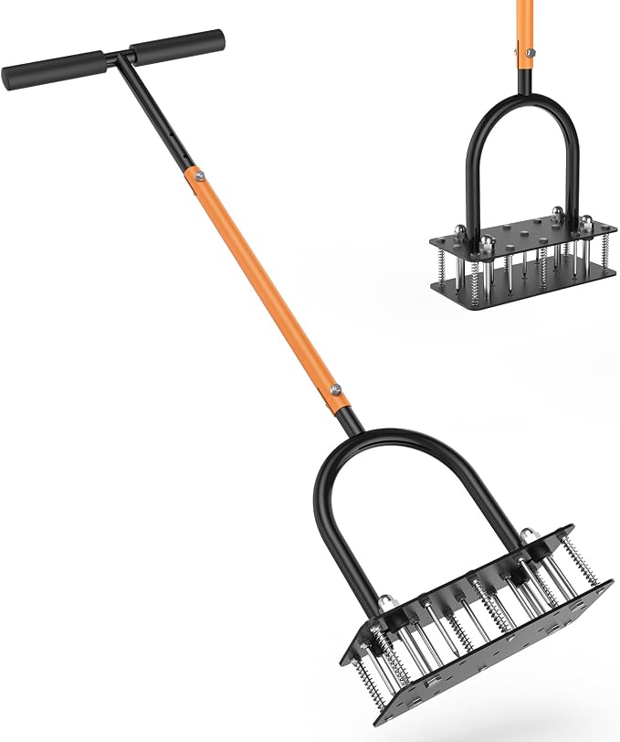 GAINO Lawn Aerator & Aerator Lawn Tool - Manual Yard Aerator for Lawn with 15 Spikes, Automatic Dirt and Leaf Clean Design, Adjustable T-Handle, Pre-Assembled Lawn Aerator Tools (Black + Orange)