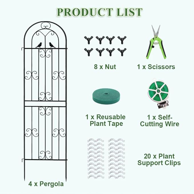 Metal Garden Trellis, 86.7" H x 19.7" W Black Coated Wire Lattice Panel, Sturdy Plant Support for Climbing Roses Vines Cucumbers Vegetables Outdoor Patio Yard (4 Packs)