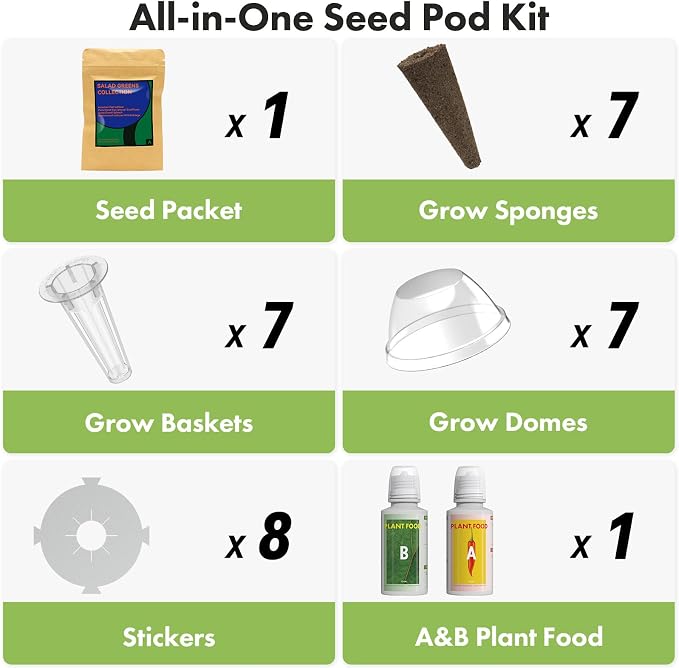 Lyko Heirloom Salad Greens Seed Pod Kit for AeroGarden, iDoo, Ahopegarden, GARDENCUBE, 7 Pods with American Fast/Paris Island/Buttercrunch Lettuce, Spinach, Swiss Chard, Cauliflower, Wild Cabbage