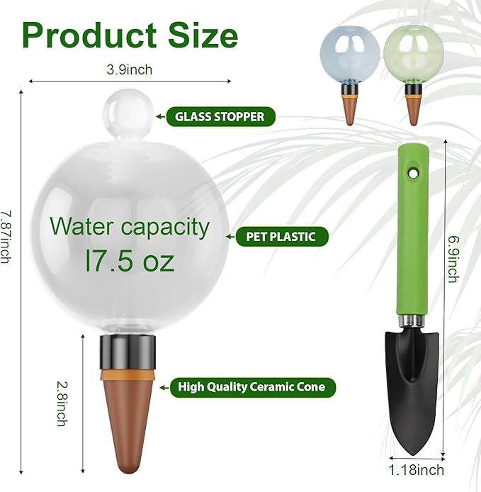2 Pcs Plant Self Watering Globes with Covers，Self Watering Planter Insert,Automatic Plant Waterer Indoor ，17.5 oz Watering Bulbs with Terracotta Watering Spikes with Shovel(clera)