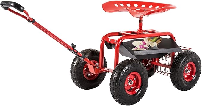 KINTNESS Garden Cart Seat Rolling Scooter Wagon with Extendable Steering Handle Swivel Seat & Utility Basket (Red)