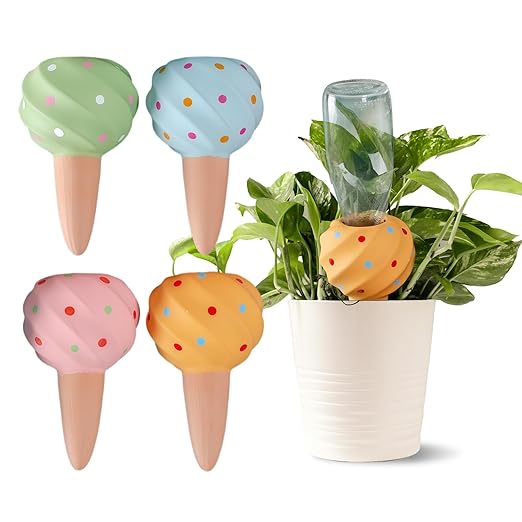 Joyeee Automatic Plant Watering Spikes 4 Pack, 210ML Terracotta Self-Watering Stakes, Vacation Plant Waterer for Potted Plants, Drip Irrigation Devices with 4 Colors Sea Spiral Design for Home Garden