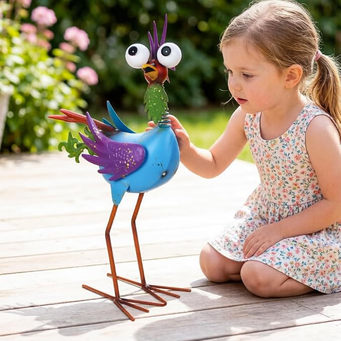 Metal Wacky Rooste Garden Statue, 17‘’ Rooster Decor Yard Statue Decorations Outdoor, Chicken Yard Art for Outside, Patio, Backyard, Lawn (Blue & Purple)