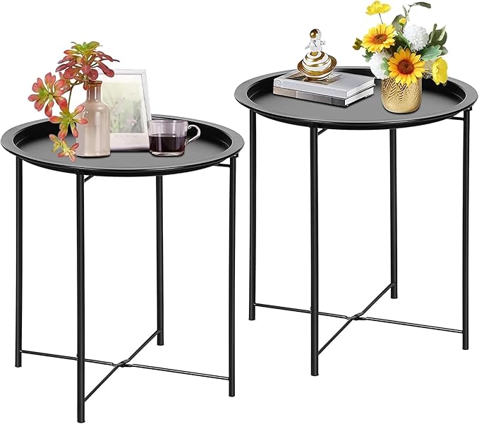 VECELO Side/End Table, Folding Round Metal Anti-Rust and Waterproof Outdoor or Indoor Tray for Living Room Bedroom Balcony and Office, 2 PCS, Black