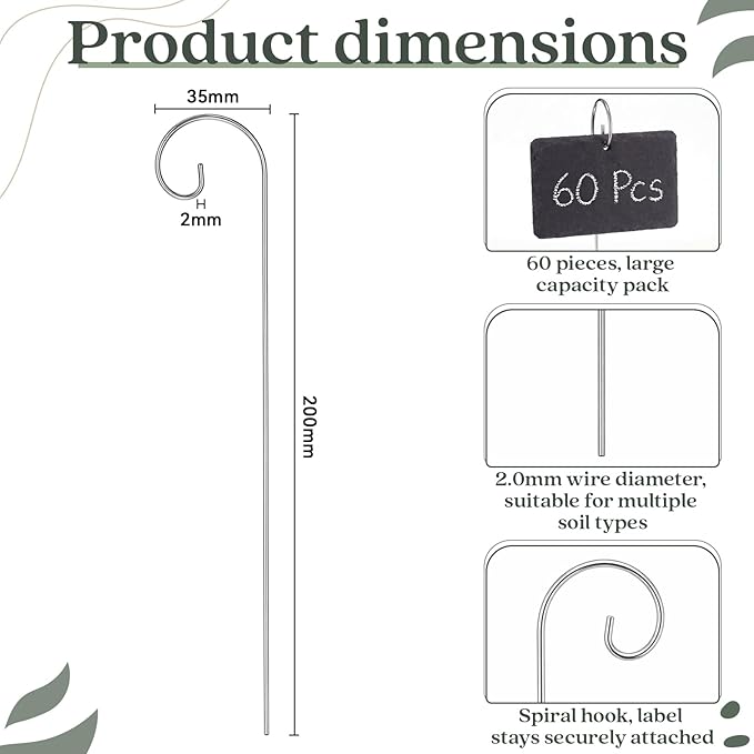 Hotop 60 Pcs Silver Plant Label Hooks, 20cm Garden Label Markers Hanger Rustproof Deformed Plant Sign Stake Metal Garden Sign Hanging Rods for Flower Planter Container Accessories