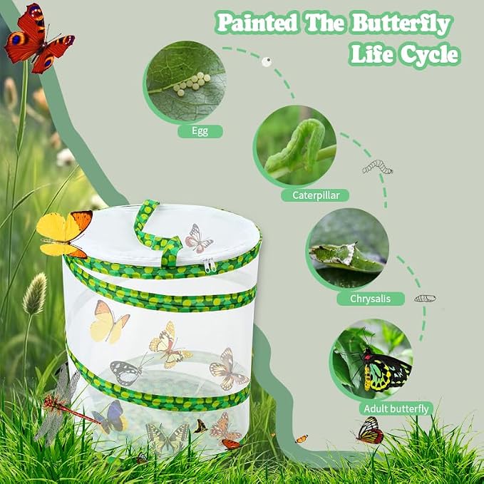 Pop-up Insect and Butterfly Habitat Cage Growning Garden Washable, Reusable, Folds Flat Dragonfly Caterpillars Mesh Cage Feeder Butterfly Growing Kit (Large)