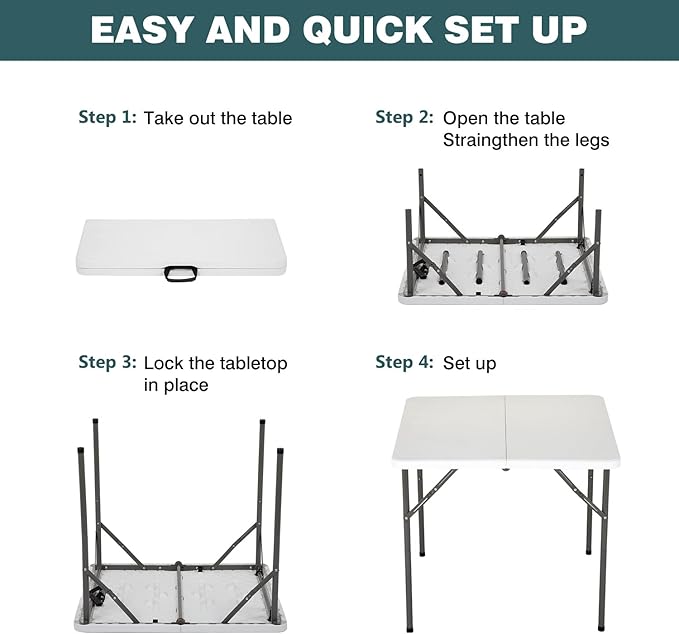 FDW 34" Square Outdoor Dining Table, Foldable Portable Plastic Folding Card Table with Built in Carrying Handle and Height Adjustable for Party and Wedding Use, White