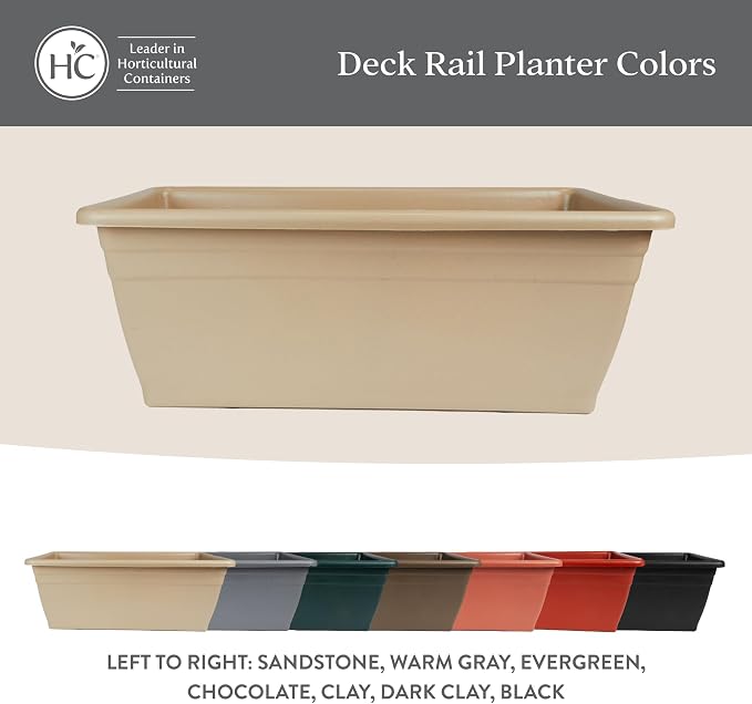 The HC Companies 24 Inch Deck Rail Planter Box with Drainage Plug, Lightweight UV-Resistant Plastic Outdoor Planters for Wood Deck Rail, Flower Box for Garden, Patio, Balcony, and Fence, Warm Gray
