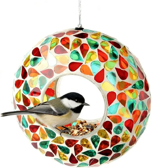 Lily's Home 6 Inches Glass Mosaic Hanging Bird Feeder for Outdoors Fly-Through Large Bird Feeder for Outdoor Garden Decor Backyard, Vibrant Gift for Animal Lovers, Green, Yellow Orange