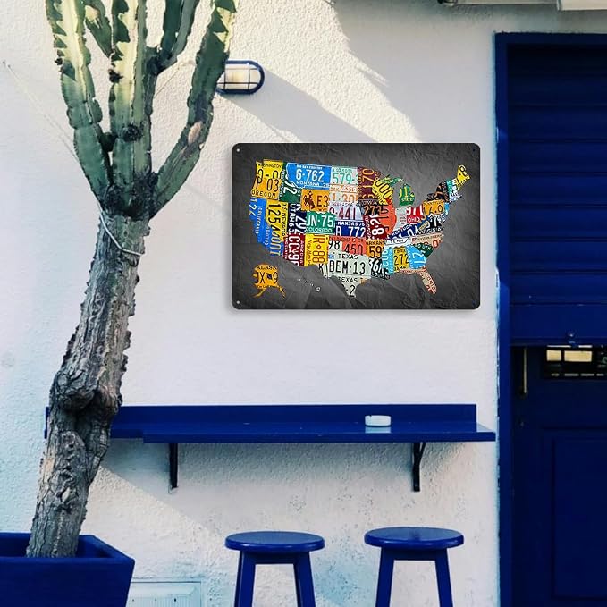 RESKEA Funny Metal Tin Sign Vintage USA Map License Plate Sign Garage Decor 8x12 Inches Multicolor Retro Humorous Wall Art