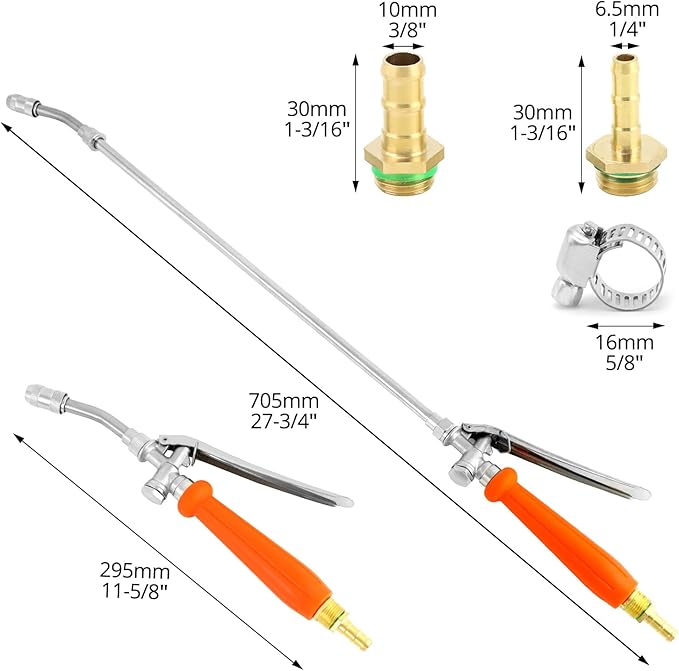 QWORK 2Pcs All Metal Replacement Sprayer Wand Kit - 29 Inch, Adjustable Nozzle, Brass Barbs Match 3/8'' & 1/4'' Hoses, Universal Sprayer Wand with Shut off Valve & 2 Hose Clamps
